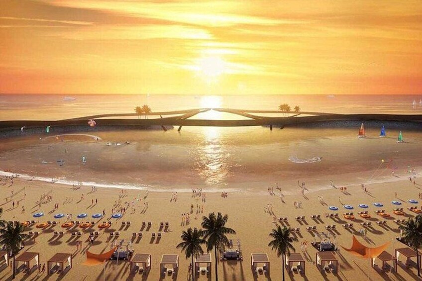 A beach with people sunbathing, umbrellas, and palm trees. 2