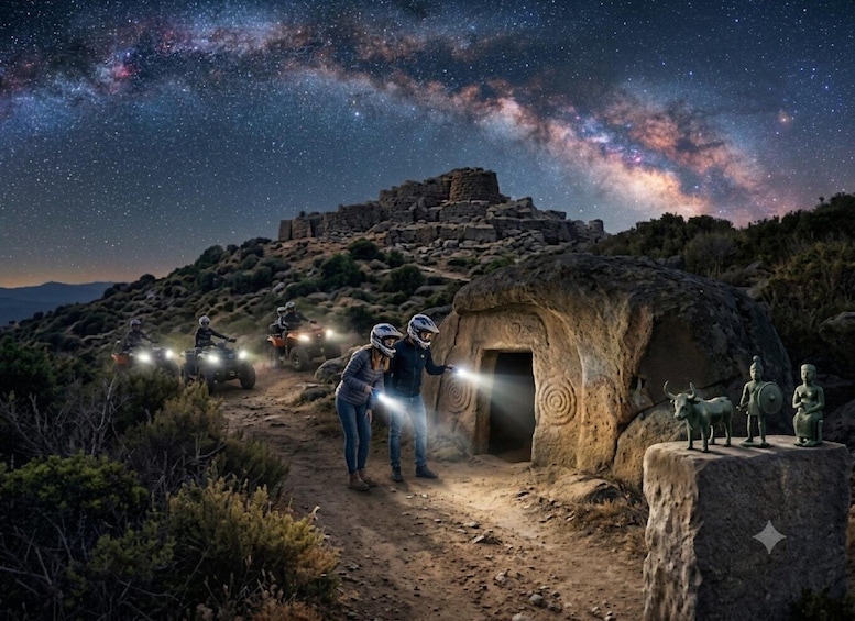 A group of people exploring a cave entrance at night with a starry sky above. 3
