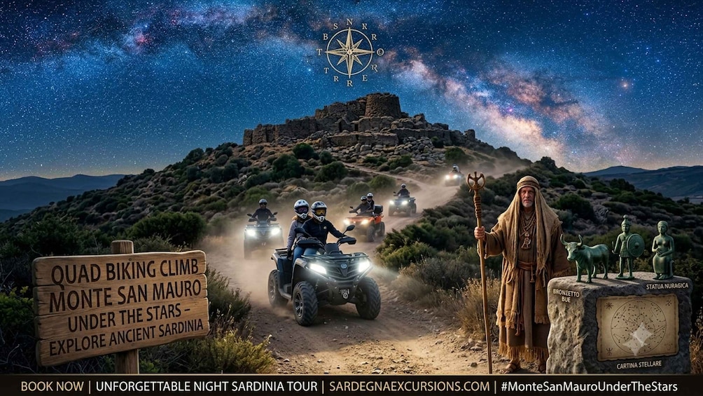 A quad biking tour under the stars at Monte San Mauro, Sardinia, with a signboard and ancient statues. 1