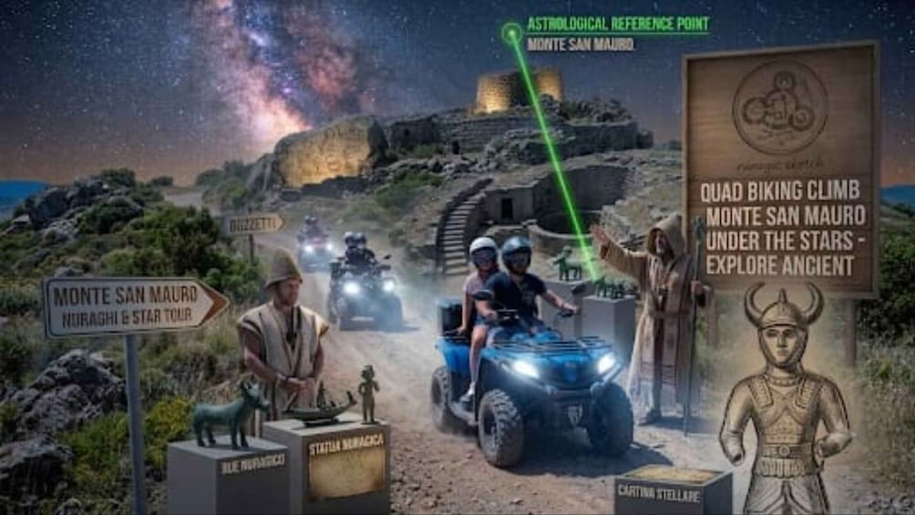 A star tour with a quad biking climb, a statue, and a sign for Monte San Mauro. 4