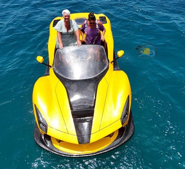 A yellow sports car on water. 4