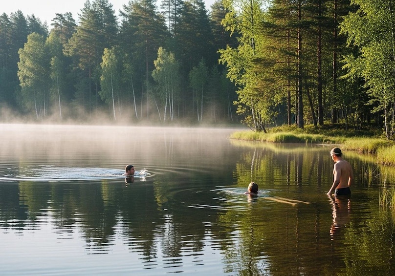A calm lake with people swimming and standing in the water, surrounded by dense forest. 5
