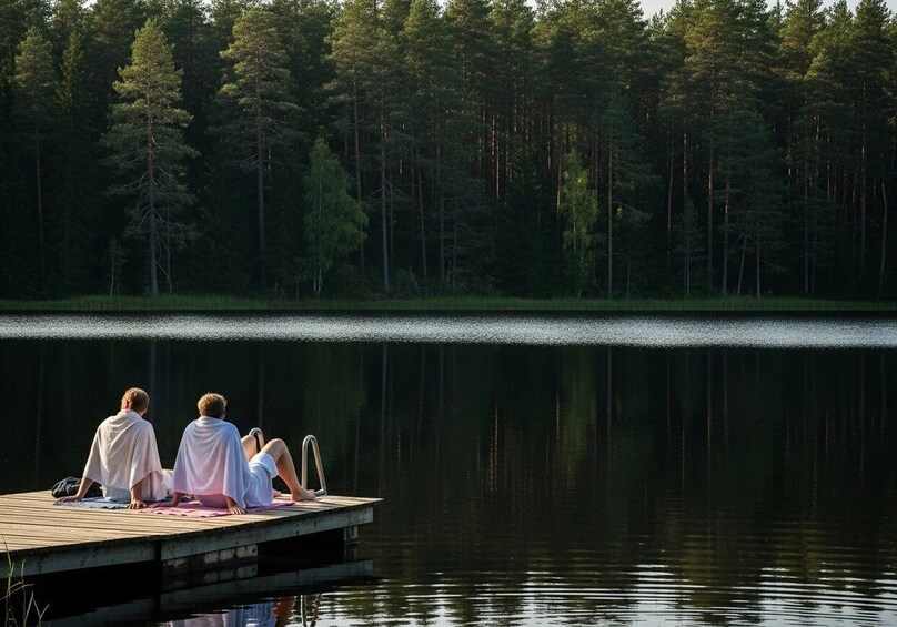 Two people sitting on a dock by a calm lake surrounded by a dense forest. 1
