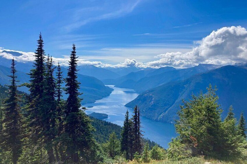 Un paysage montagneux, avec une forêt dense de conifères, un ciel bleu clair et une vallée abritant un lac. 3