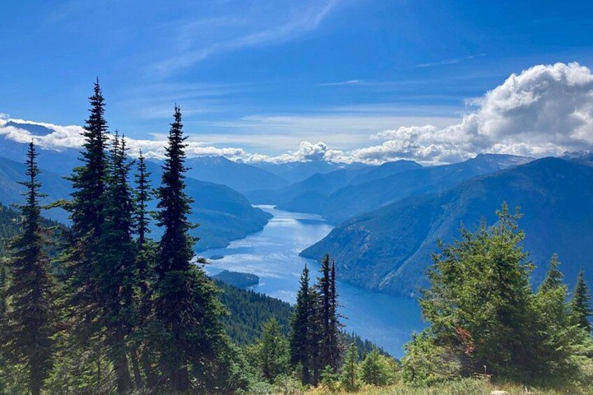 A mountain landscape with dense coniferous trees, a lake, and distant mountains under a clear sky. 2