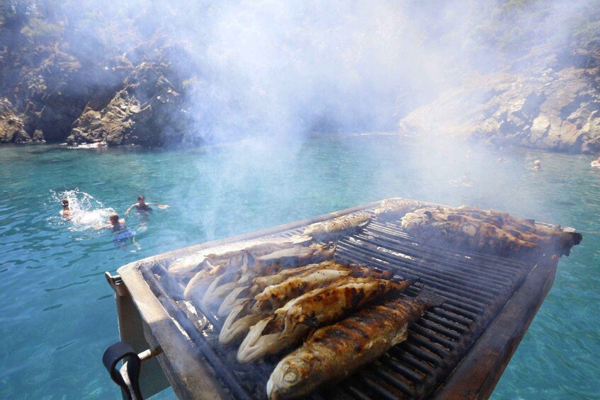A grill with fish being cooked over a body of water surrounded by rocky cliffs. 2