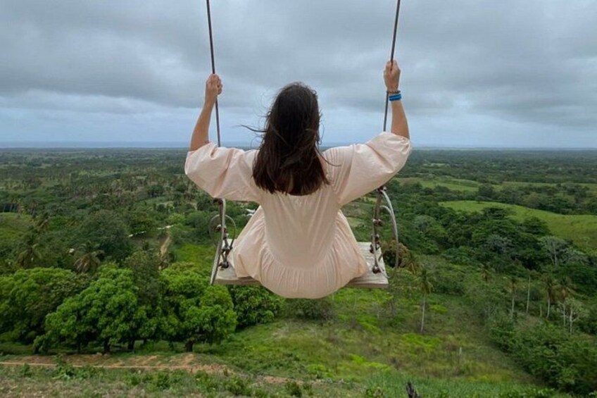 Una persona en un columpio con vistas a un paisaje exuberante. 5