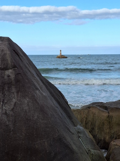 A rocky shoreline with a lighthouse in the distance. 4