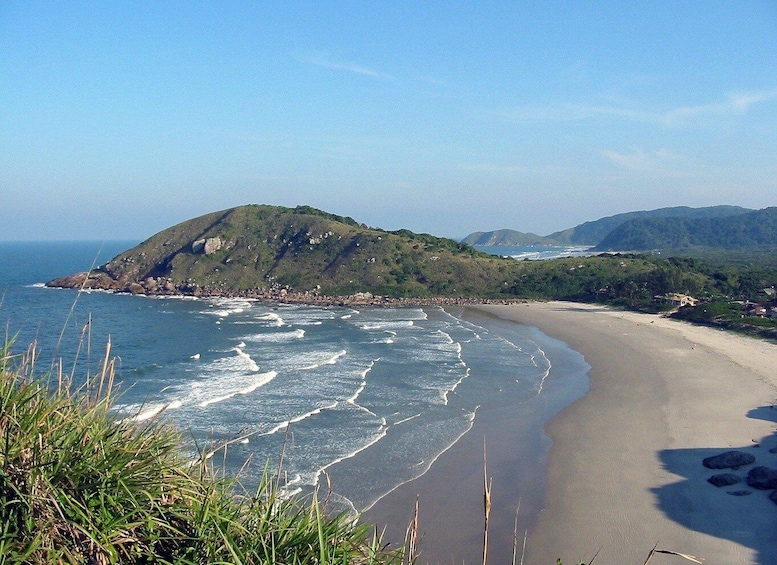 A beach with waves, a sandy shore, and a hill with vegetation. 3