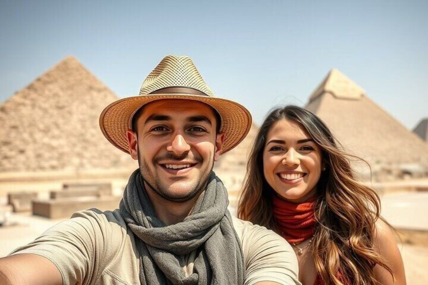 A person wearing a straw hat and scarf, with pyramids in the background. 1