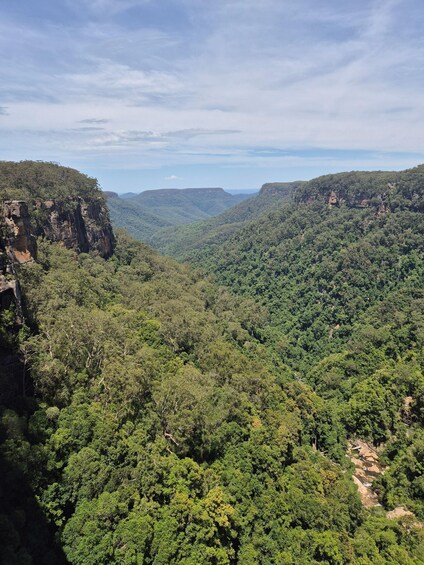 A lush green valley with steep cliffs and dense forest. 5
