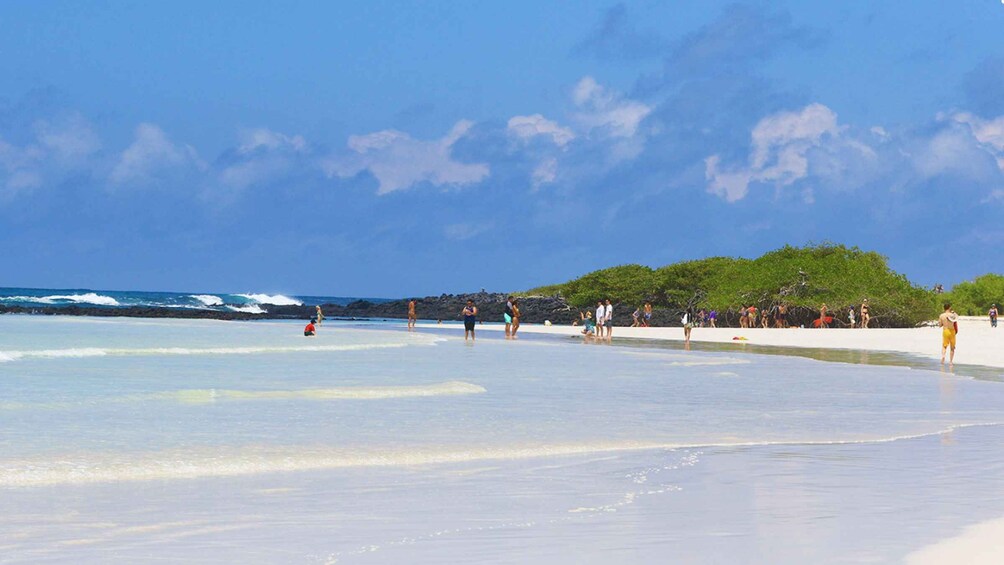 A beach with people walking and standing on the shore, waves crashing onto the beach, and a clear sky. 1