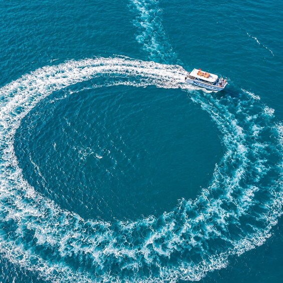 A boat creating a circular wake in the ocean. 1