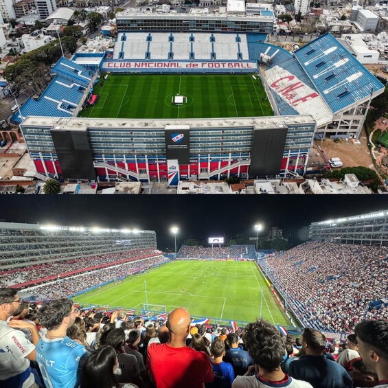 A stadium with 'CLUB NACIONAL de FOOTBALL' signage, a football field, and a crowd of spectators. 2