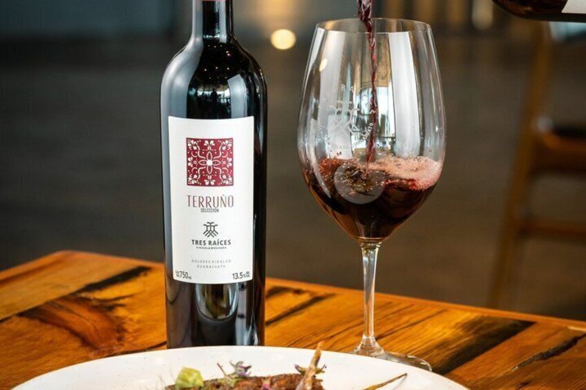 Una bottiglia di vino Terruno e un bicchiere di vino rosso su un tavolo di legno. 1