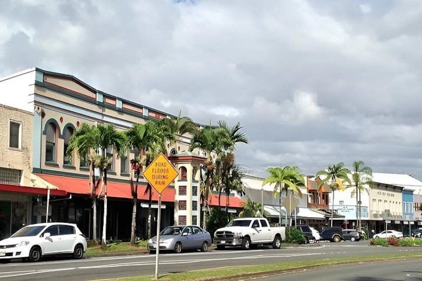 A street with buildings, palm trees, and cars. 2