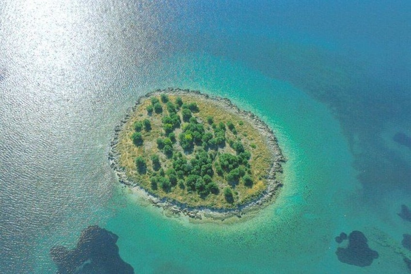 An aerial view of a small island with dense vegetation surrounded by clear turquoise waters. 5