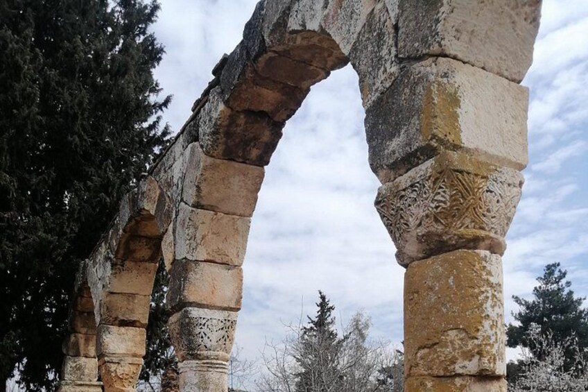 Antiguas columnas de piedra con intrincados grabados, frente a un telón de fondo de árboles y un cielo nublado. 4