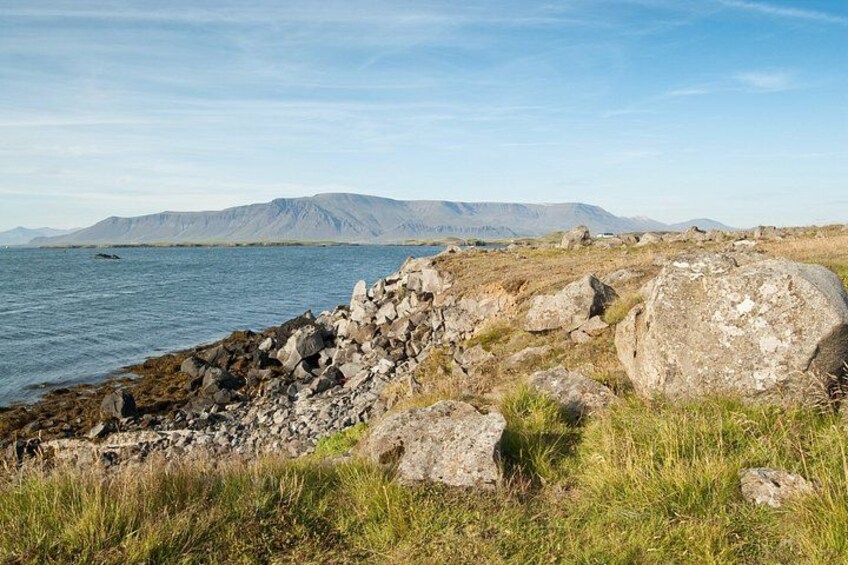 A rocky shoreline with a body of water, grass, and distant mountains. 3