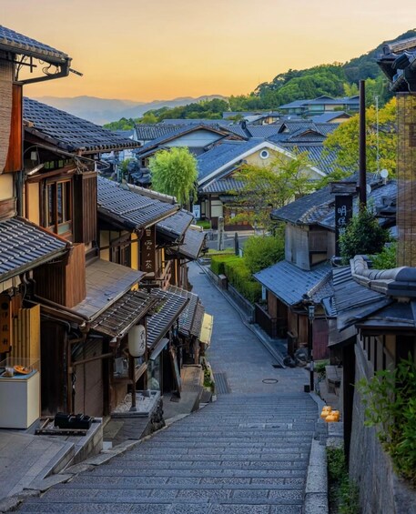A traditional Japanese village street with wooden buildings, a stone staircase, and a view of the mountains in the background. 4