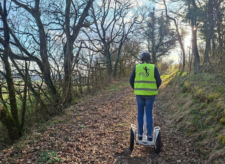 A person on a Segway in a wooded area with leaf-covered ground. 2