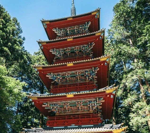 A multi-tiered pagoda with intricate designs, surrounded by lush green trees. 4