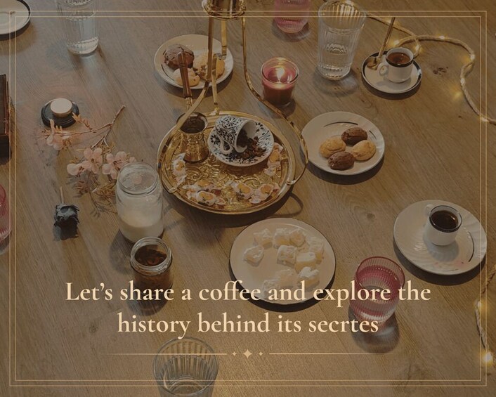 A table set with various coffee cups, pastries, and a candle, suggesting a coffee tasting or a casual meeting. 2