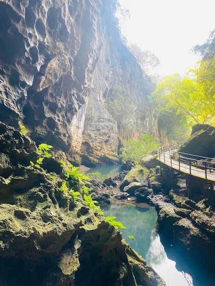 A rocky gorge with a clear stream, a wooden bridge, and lush greenery. 2