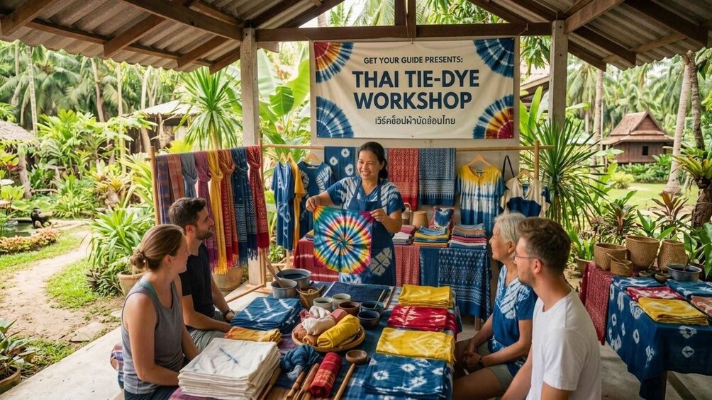 A Thai tie-dye workshop with participants and colorful fabrics. 1