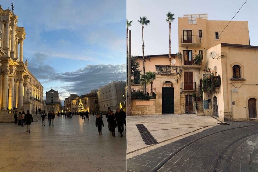 A historic plaza with a grand building and palm trees. 5
