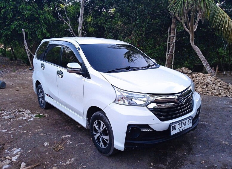 A white car parked on a dirt surface with trees and a ladder in the background. 4