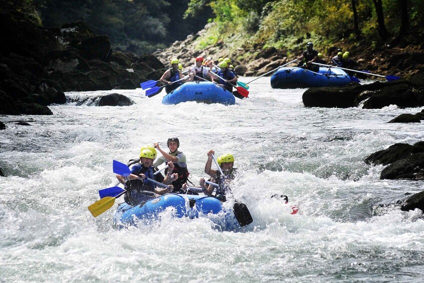 A group of people rafting down a river surrounded by rocks and trees. 2