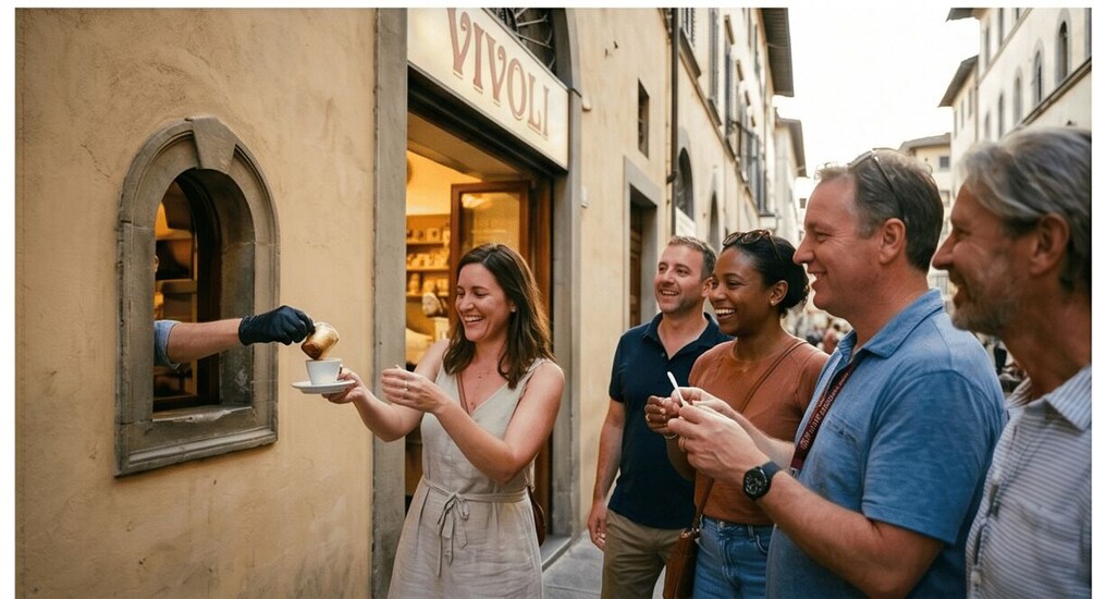 A street scene with a shop named 'VIVOLI' and people interacting. 3