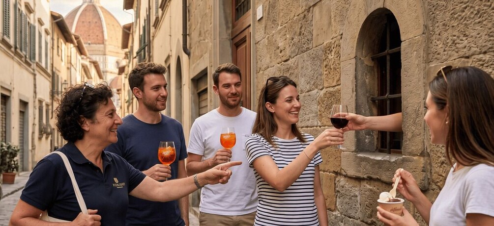A group of people standing on a cobblestone street, holding drinks and toasting. 2
