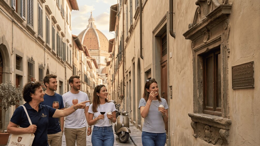 A group of people walking down a narrow street with historic buildings and a dome in the background. 4
