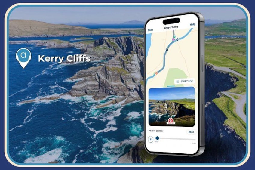 En smartphone som visar en karta över Kerry Cliffs med en vacker utsikt över klipporna och havet. 5