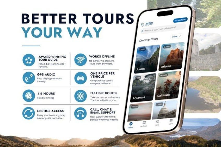 Ein Smartphone, das eine Reise-App mit Tourenangeboten für Alaska, Arizona, Arkansas und Kalifornien zeigt. 2