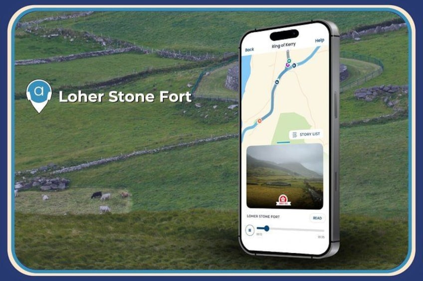 En smartphone som visar en karta med en markering för platsen där Loher Stone Fort ligger. 4