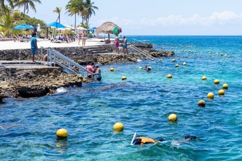 Una playa con bañistas, boyas amarillas y palmeras. 2