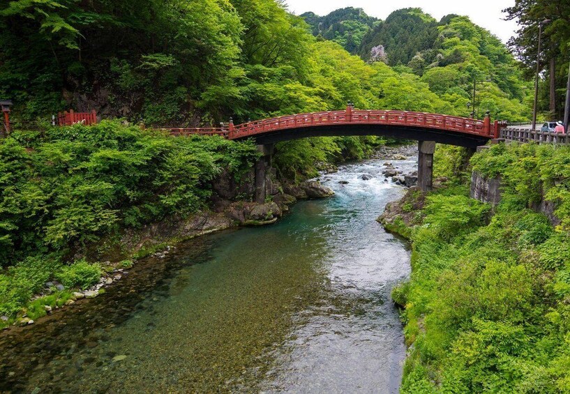 A red bridge over a clear river surrounded by lush greenery. 3