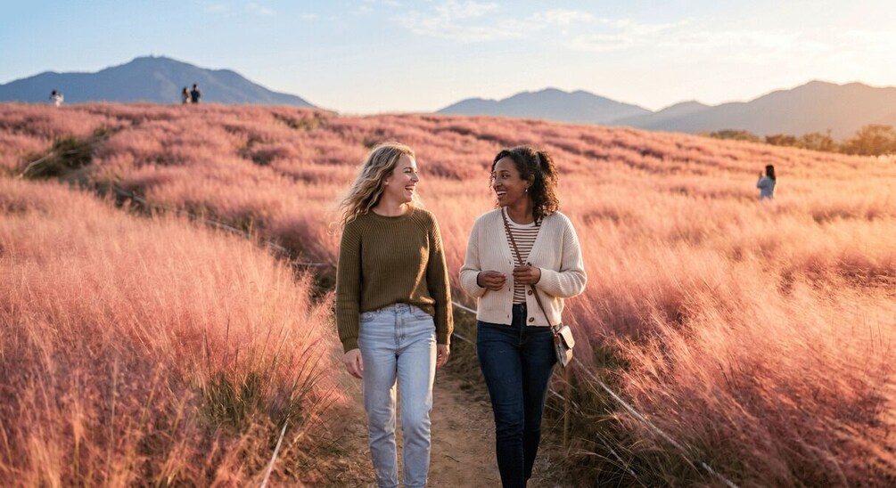 Two people walking on a grassy path with mountains in the background. 1
