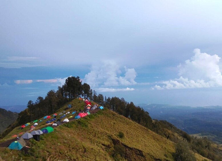 A hillside with colorful tents and a view of distant mountains. 1