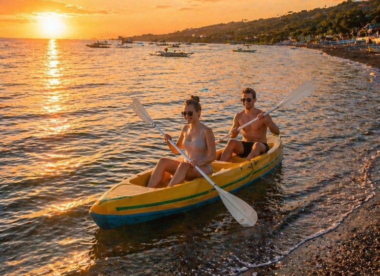 Two people in a yellow canoe on a calm body of water during sunset. 5