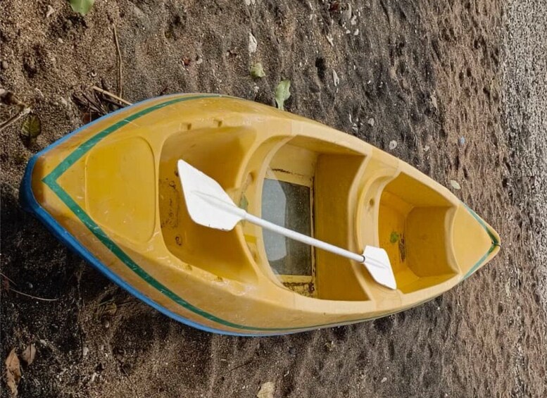 A small yellow canoe with two paddles resting inside, placed on a sandy surface. 2