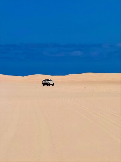 A Toyota truck driving across a vast desert landscape with rolling sand dunes under a clear blue sky. 2
