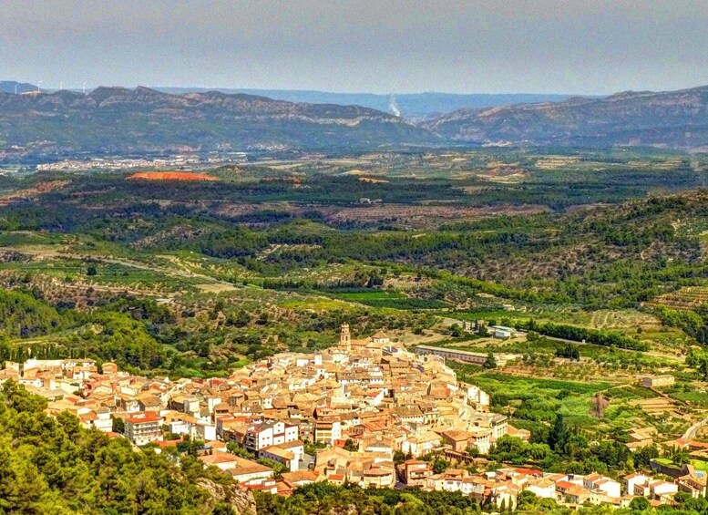 A town nestled in a valley with surrounding hills and wind turbines in the distance. 5