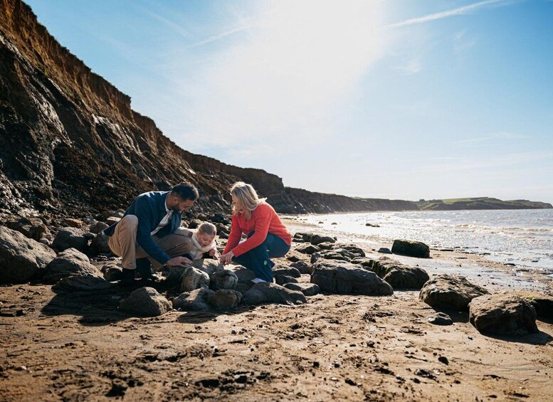 A family on a rocky beach with a cliff in the background. 3