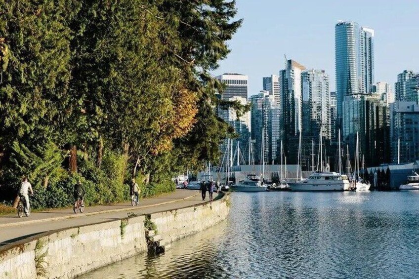 A waterfront with a bike path, sailboats, and a city skyline. 4