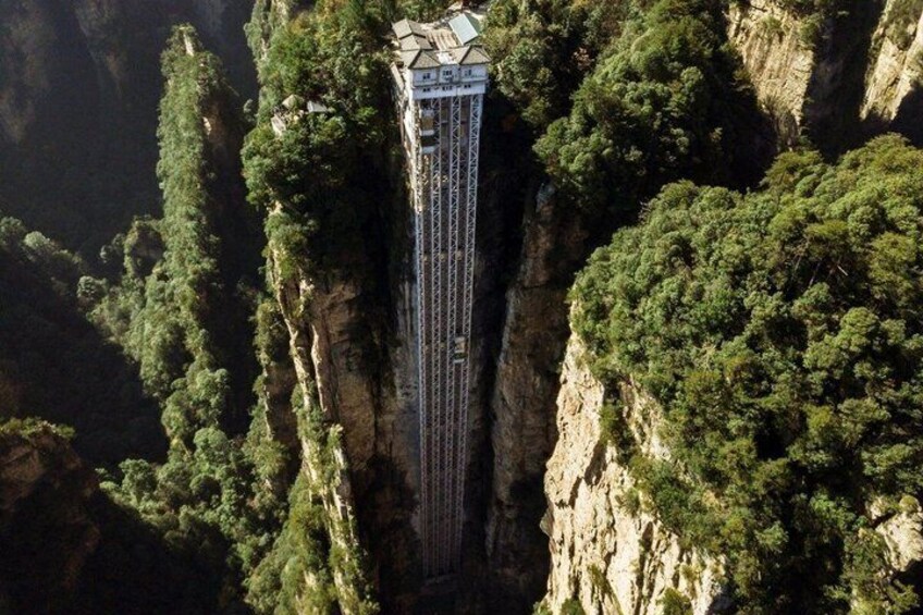A tall tower with a staircase on a cliff surrounded by dense forest. 1