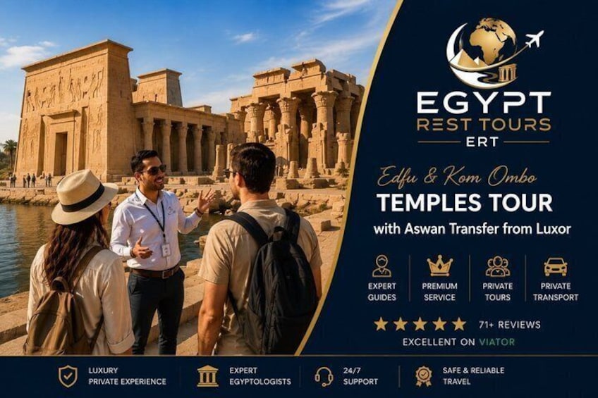 En grupp turister vid ett forntida egyptiskt tempel med hieroglyfer, en klar himmel och en flod i bakgrunden. 1